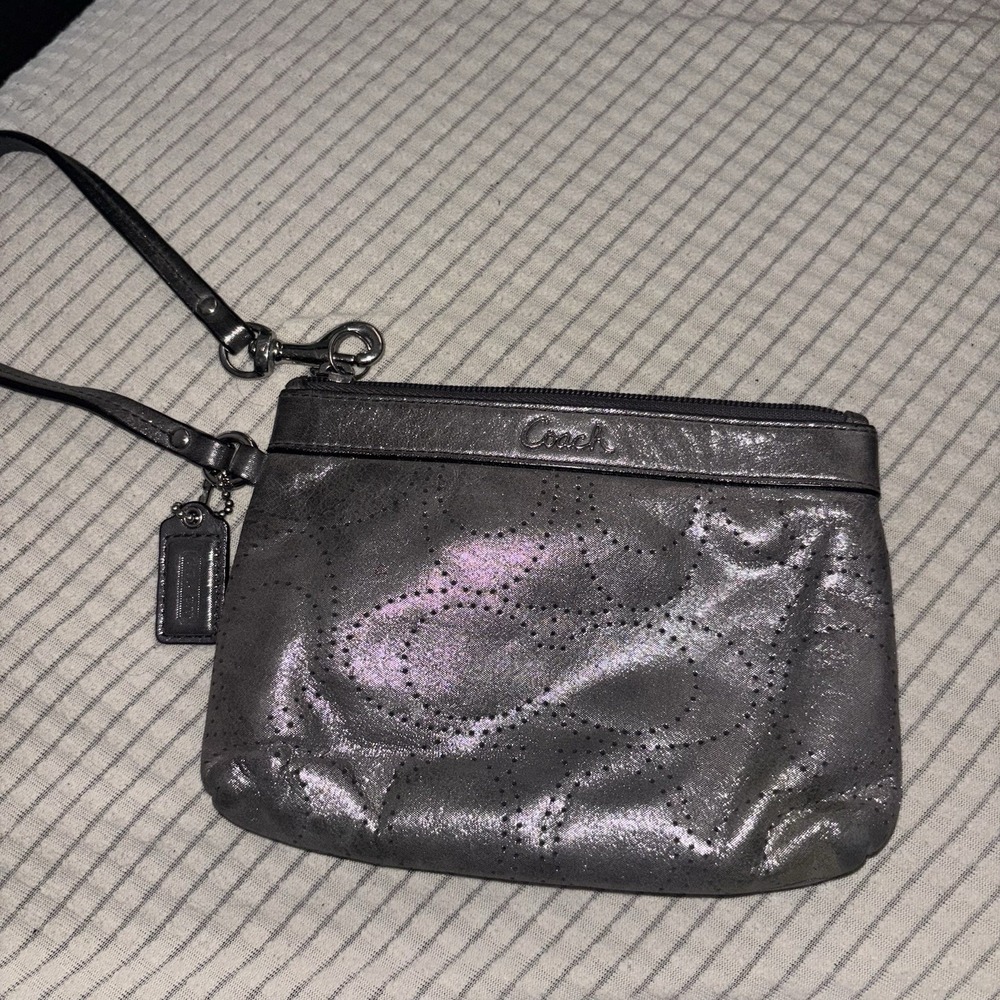 Coach Gunmetal Metallic Perforated Signature C Leather Wristlet Zip Clutch Bag